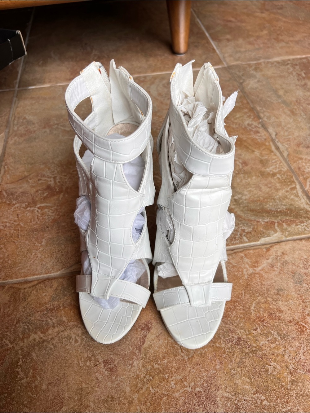 Charlotte Russe White Croc-Embossed Strappy High Heel Sandals